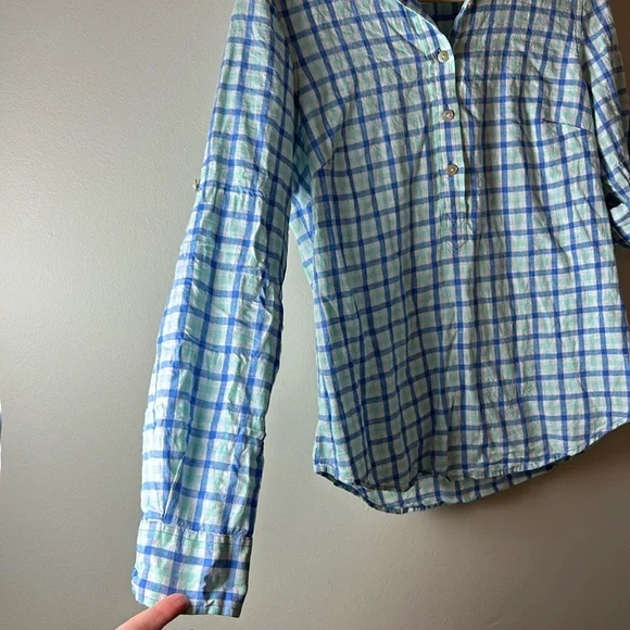 VINEYARD VINES Women’s White Blue Plaid Popover Roll Tab Sleeve Shirt – Size 4 - Picture 2 of 4